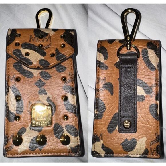 MCM Handbags - MCM Leopard Print Key Holder Card Case Gold Studded Clip Lanyard Mini Pouch